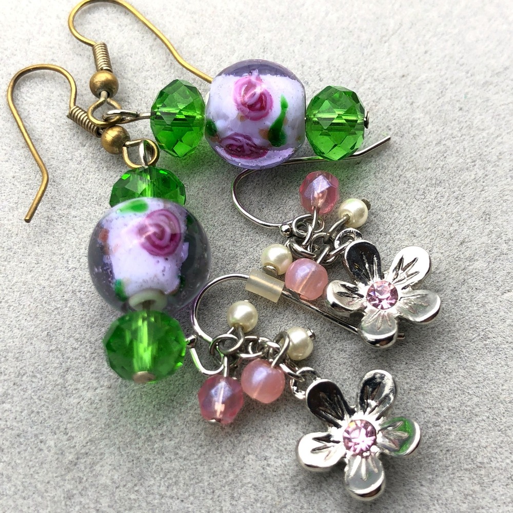 Floral Earrings 2pr Pink Green Art Glass Faux Pearl Crystal Daisy Roses Dangles